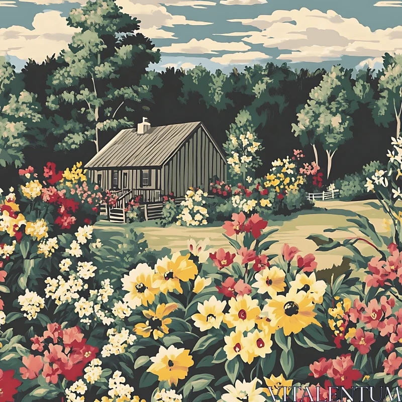 Floral Cabin Landscape Painting AI Image