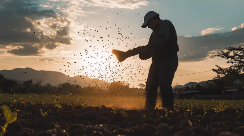 Agricultural Sunset: Farmer Sowing Seeds