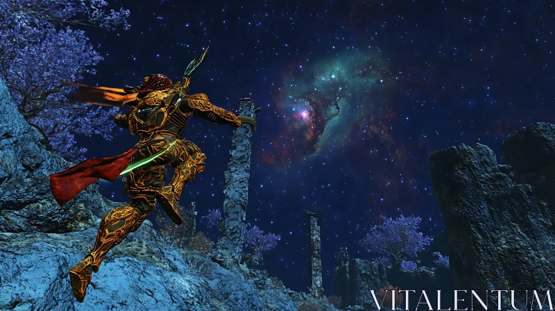 AI ART Armored Warrior Under Cosmic Skies