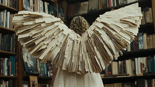 Angel in Library with Book Page Wings