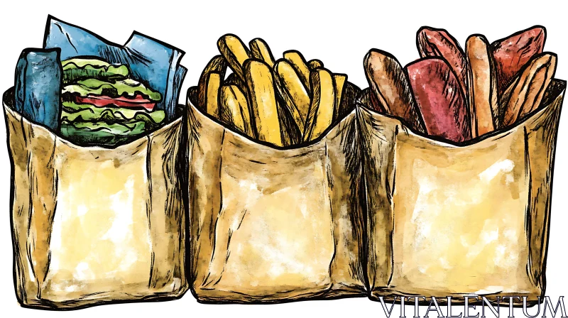 Fast Food in Brown Paper Bags - Illustration AI Image