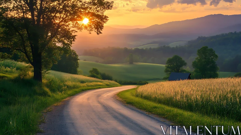 Scenic Sunset Landscape with Winding Road AI Image