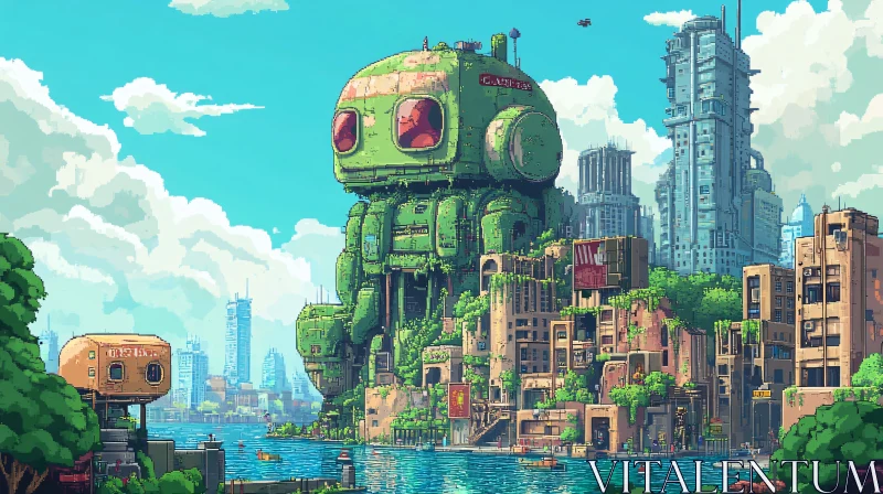 AI ART Retro Robot Cityscape Pixel Art