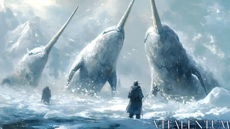 AI ART Arctic Narwhals and the Mysterious Figures