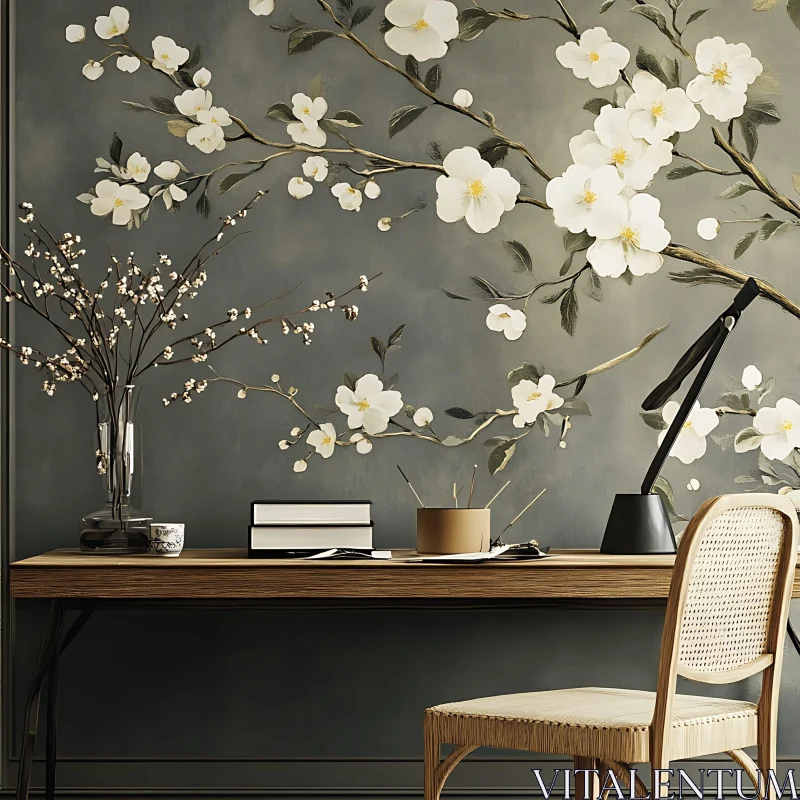 AI ART White Blossoms and Wooden Desk Still Life