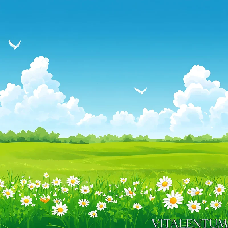 AI ART Scenic Meadow with Daisies and Birds