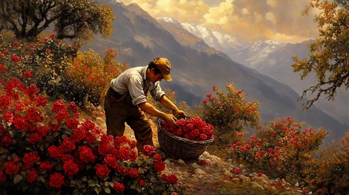 Man Harvesting Roses in Mountain Garden