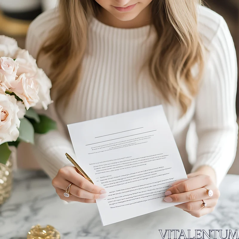 Woman with Document and Roses AI Image