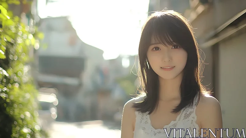 Young Woman Smiling in Natural Light AI Image