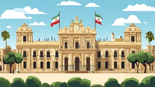 Architectural Landmark with National Flags