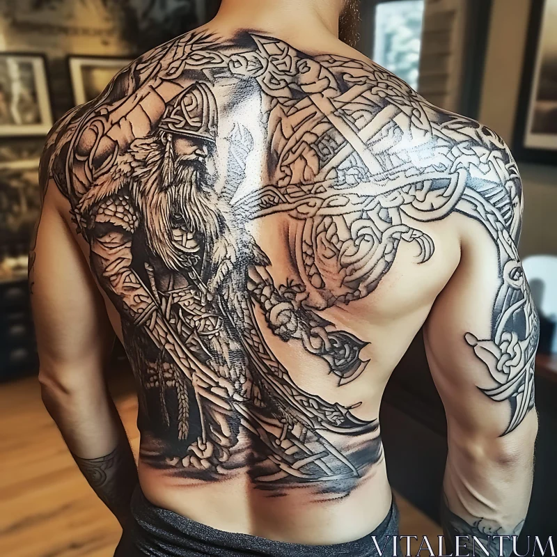 Viking Warrior Back Tattoo with Norse Knotwork AI Image