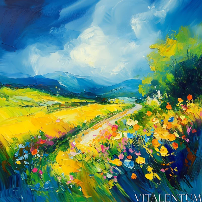 Impressionistic Wildflower Field Landscape AI Image