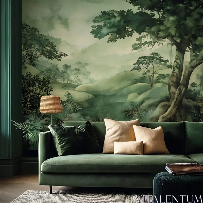 AI ART Nature-Inspired Living Room with Green Couch