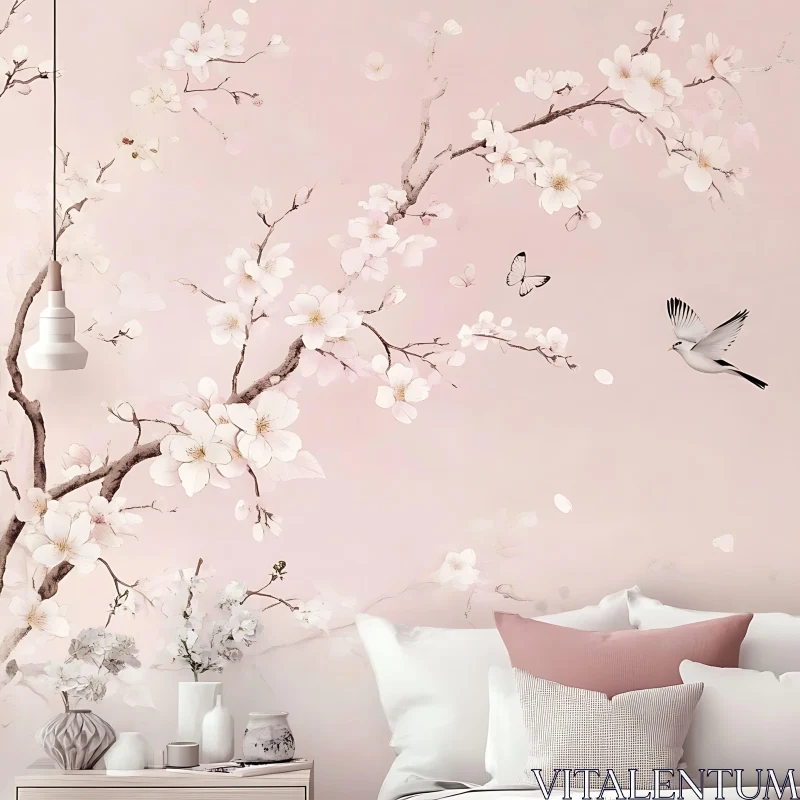 AI ART Pink Floral with Bird and Butterfly