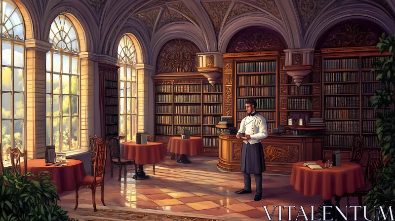 Sunlit Library with Classic Architecture AI Image