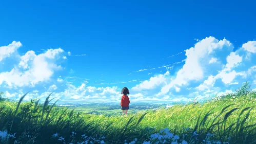 Child Gazing at Horizon in Grassy Field