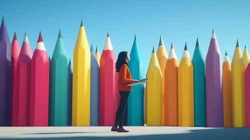 Woman Surrounded by Giant Pencils