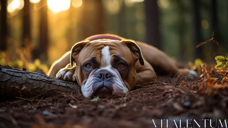 English Bulldog in Sunset Woods: A Study in Tonalist and Deconstructive Style AI Image
