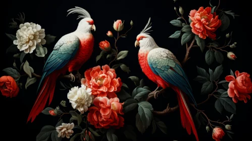 Exquisite Parrots on Rose Branch - A Blend of Eastern and Western Art Influences