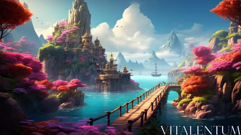 Fantasy Landscape with Mountain Bridge in Hindu Art Style AI Image