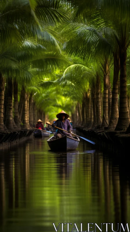Paddling through a Canal: Traditional Vietnamese Artwork AI Image