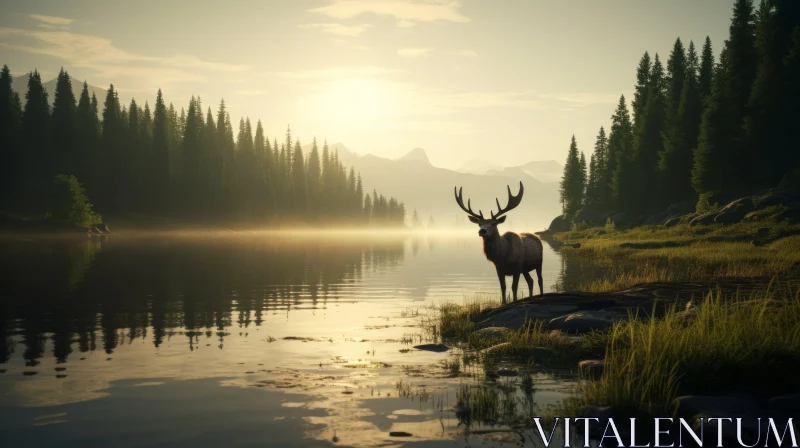 Tranquil Deer by Mountain Lake at Sunrise AI Image