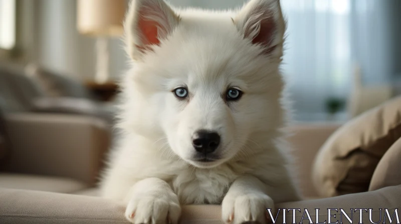 White Husky Puppy with Blue Eyes on Sofa - Solarization Art Effect AI Image