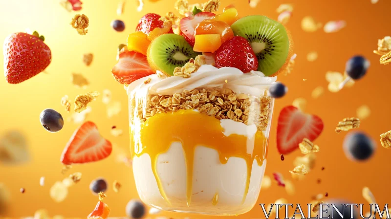 Vibrant Breakfast Parfait with Fresh Fruit and Honey AI Image