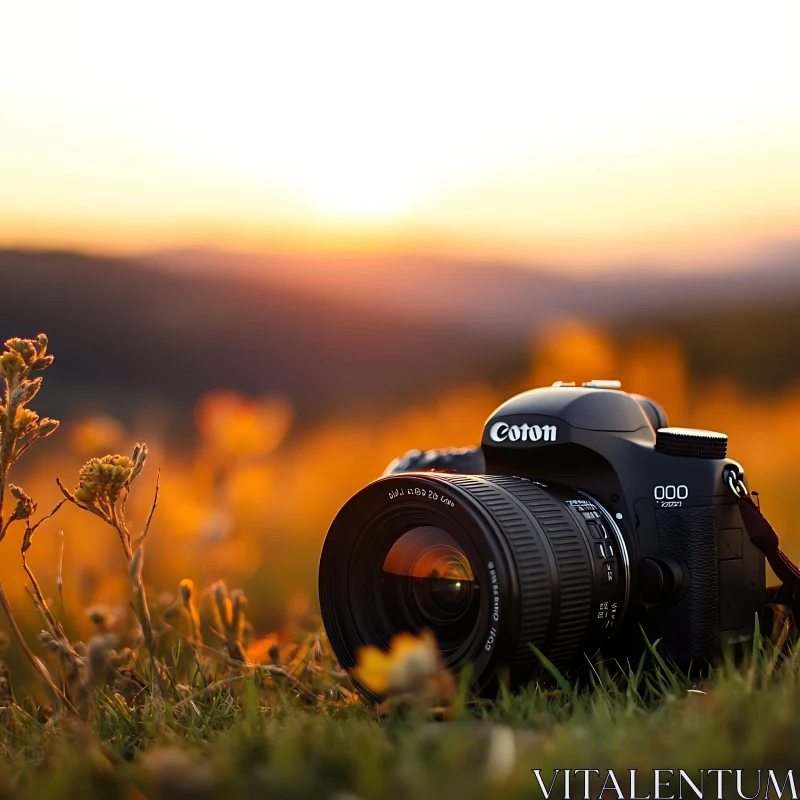 Camera at Sunset in Flowering Field AI Image