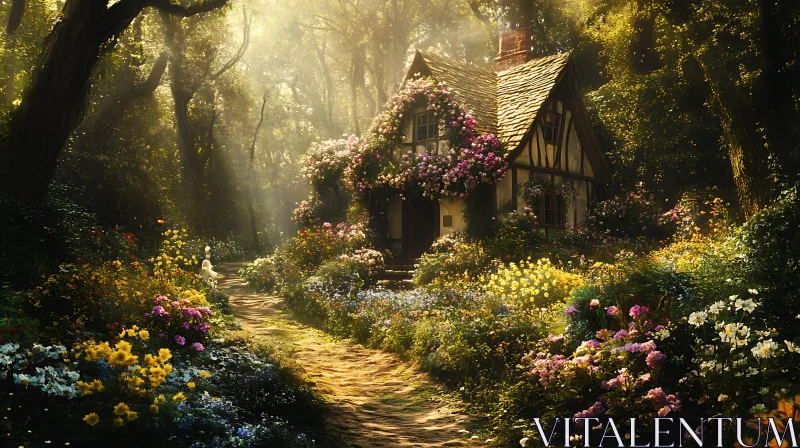 Floral Cottage in the Woods AI Image