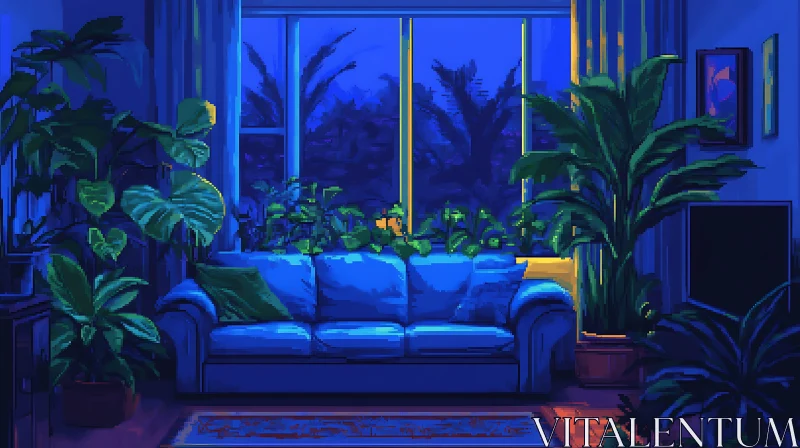 AI ART Pixelated Interior with Couch and Plants