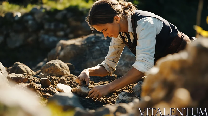 Female Laborer Constructing Rock Feature AI Image