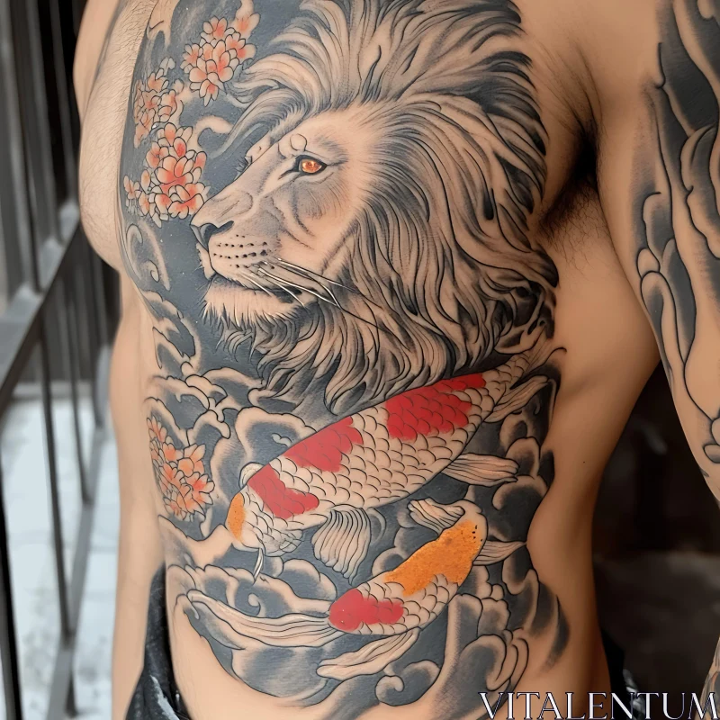 Detailed Japanese Style Tattoo with Lion and Koi Fish AI Image