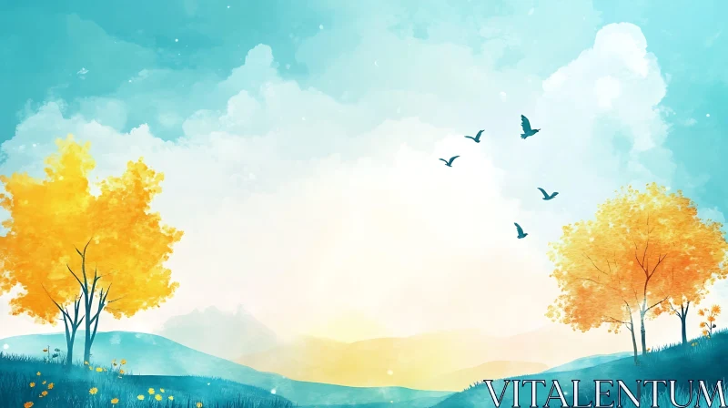 Scenic Landscape Art with Birds and Trees AI Image