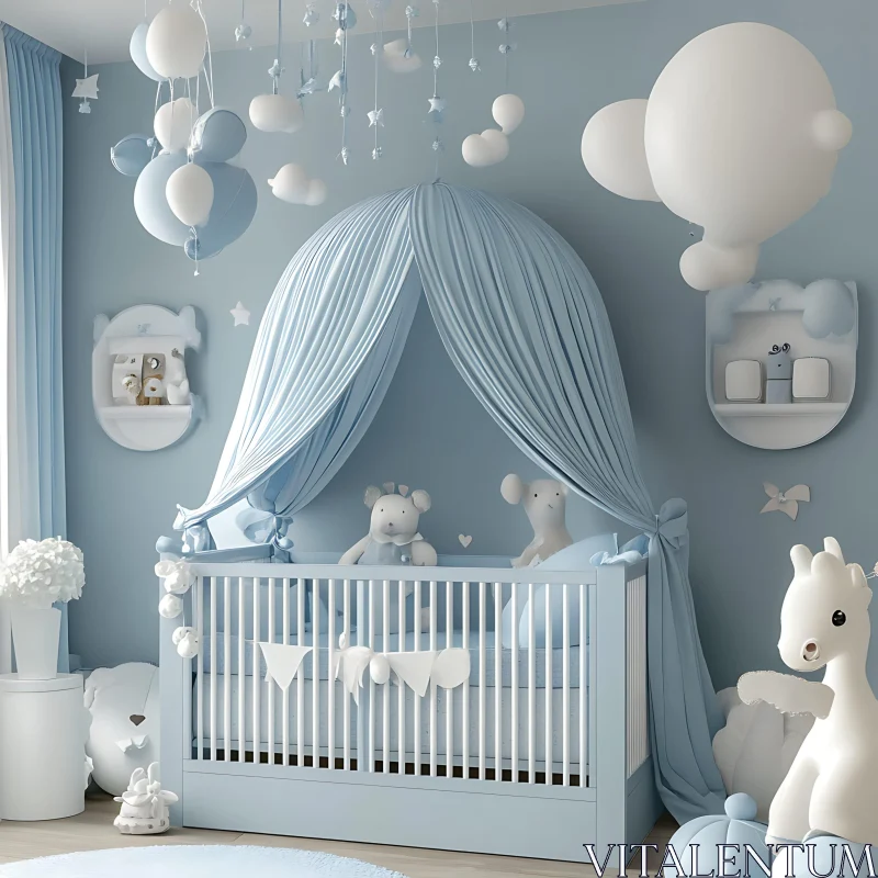 Pastel Blue Nursery with Crib Canopy AI Image