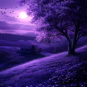 Moonlit Purple Hues over Rural Landscape