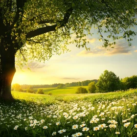 Sunlit Meadow with Daisies and Tree