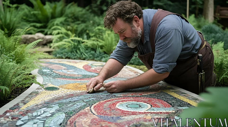 Man crafting mosaic in garden setting AI Image