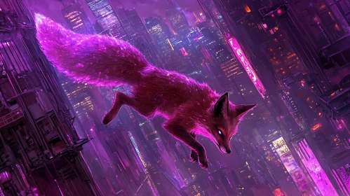 Neon Fox Leaping Over City