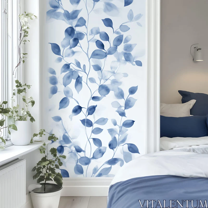 AI ART Blue Leaf Pattern in Bedroom Corner