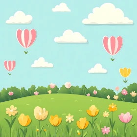 Whimsical Flower Landscape with Balloons