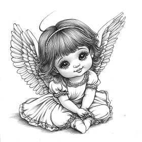Monochrome Angel with Wings Illustration