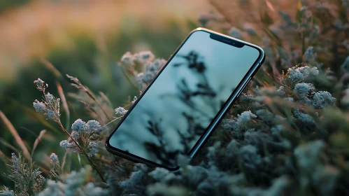 Phone in Field: A Blend of Tech and Flora