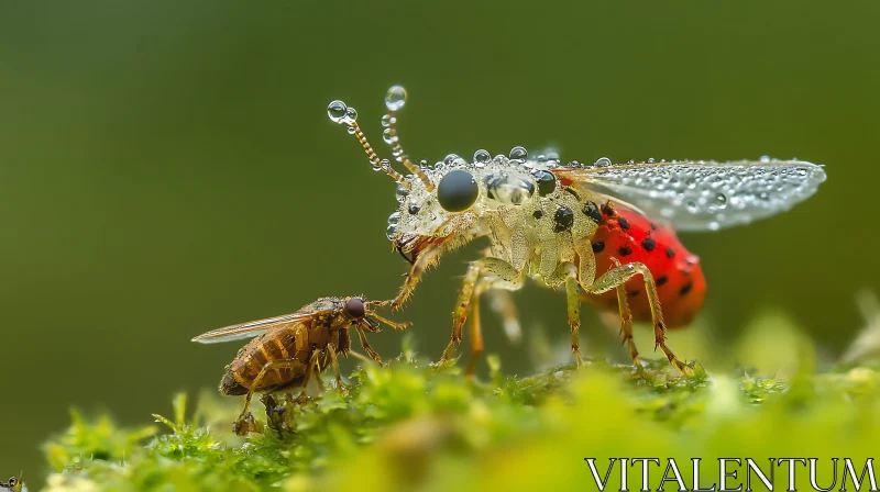 Dewy Ladybug and Fly Encounter in Nature AI Image