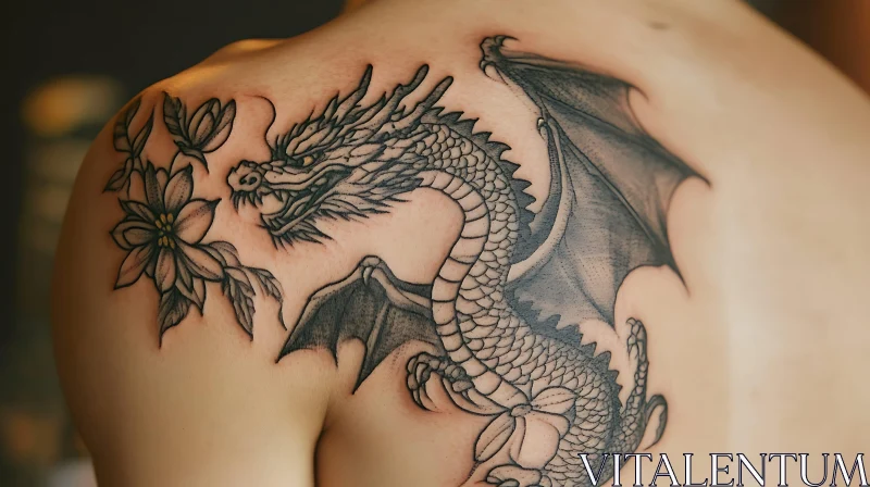 Detailed Dragon Tattoo with Floral Elements AI Image