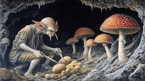 Cave Dweller Tending to Mushrooms