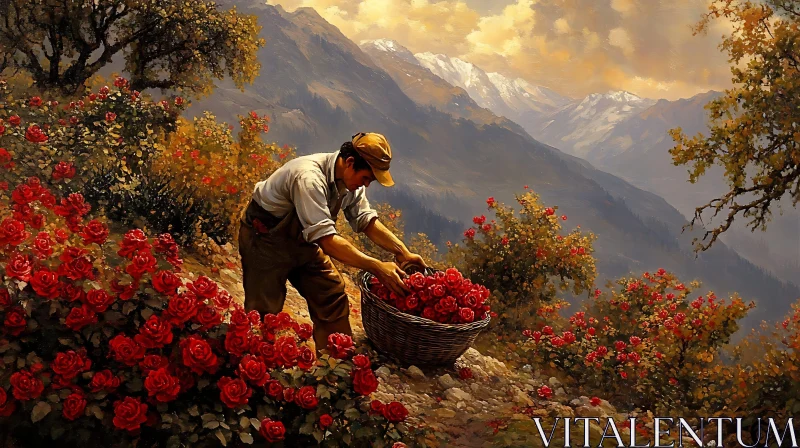 Man Harvesting Roses in Mountain Garden AI Image