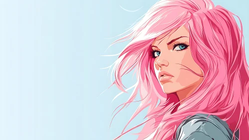 Stylized Woman with Pink Hair and Blue Eyes