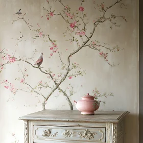 Blossom Branch Birds with Antique Dresser