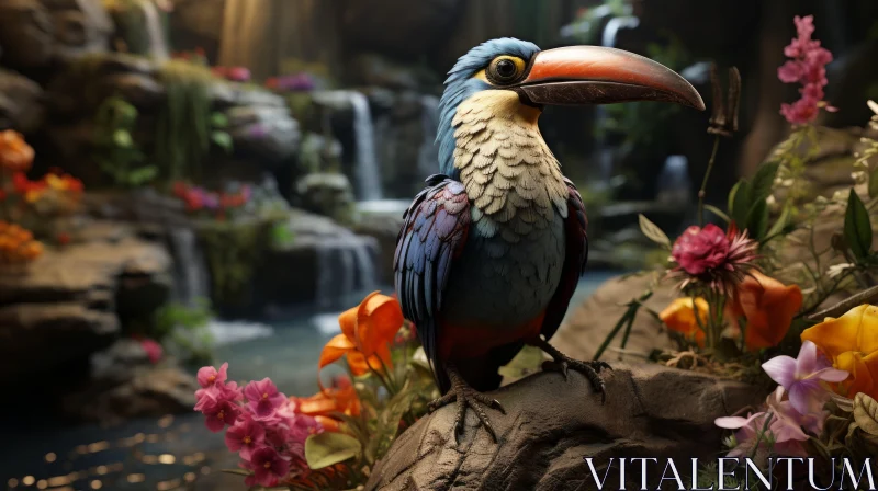 3D Rendered Toucan Amidst Floral Landscape AI Image